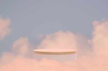 Minimal podium table top in outdoor on blue sky pink gold pastel soft cloud background.Beauty cosmetic product placement pedestal present promotion stand display,surreal paradise dreamy concept.