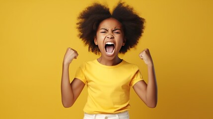 Angry irritated African American girl. Full of rage. Emotional portrait of an upset preteen boy screaming in anger. Requirements for parents. Wrong perception. Hysterics.