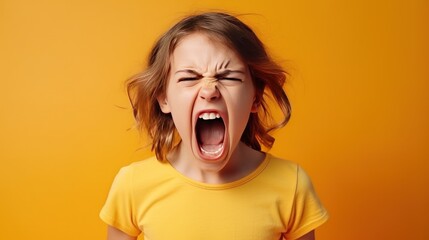 Angry irritated Caucasian girl. Full of rage. Emotional portrait of an upset preteen boy screaming in anger. Requirements for parents. Wrong perception. Hysterics. - obrazy, fototapety, plakaty