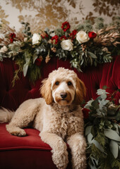A Golden Doodle Dog Portrait Posing on a Tufted Velvet Sofa Surrounded by Lush Red and Green Holiday Christmas Florals 