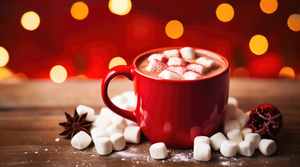 Obraz na płótnie Canvas A festive red mug brimming with cocoa and marshmallows is displayed on a wooden table,
