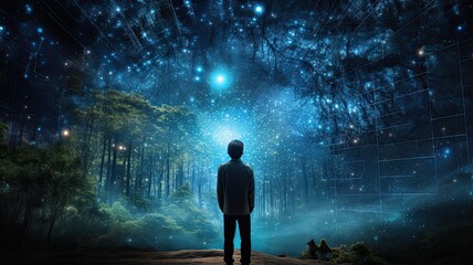 A person questioning the nature of reality while looking at the code of a simulated universe, emphasizing the philosophical aspect of simulation theory - obrazy, fototapety, plakaty