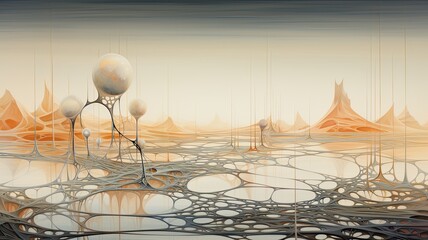 An abstract landscape with interconnected strings and membranes, representing the complex and interconnected nature of string theory