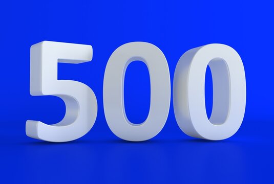 Number 500 in white on light blue background, isolated number.  Five hundred 3D word number.