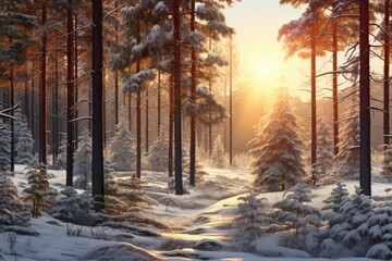 Winter forest with sunlight through pine trees, Christmas New Year image