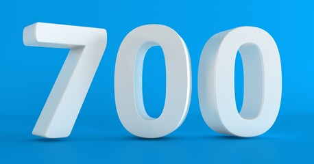 Number 700 in white on light blue background, isolated number. Seven hundred 3D Number.