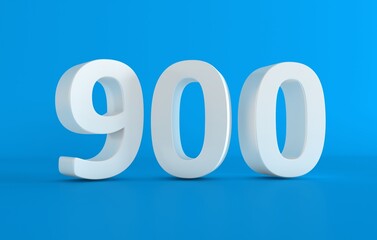 Number 900 in white on light blue background, isolated number. Nine hundred 3D Number.