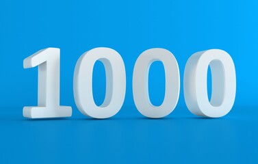 Number 1000 in white on light blue background, isolated number. Thousand 3D Number.