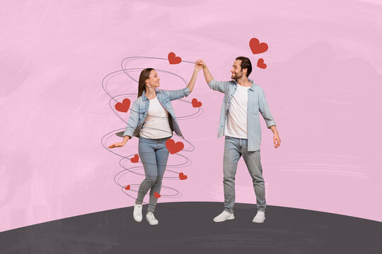 Poster image collage of two enamored people dancing walsz celebrating festive event isolated on pink drawing background