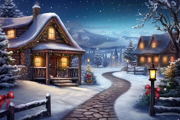 Cozy log cabin nestled in a snowy wonderland, Christmas New Year image