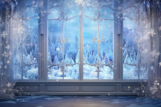 Frosty winter window with intricate snowflakes, Christmas New Year image