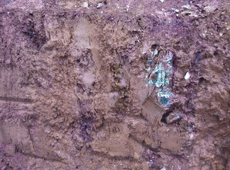 Geological structure of tropical swamp clay laterite soils of equatorial Africa. The coloured soil is coloured by iron oxides, carbonates and gypsum. Equatorial Guinea.