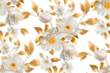 Wedding decor. Wrapping paper. Luxury white flowers and gold leaves. Photorealistic style. Seamless pattern. Floral background. Light Cover. Interior decoration, wallpaper, curtain, textile