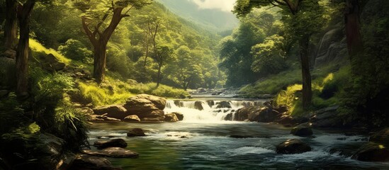 During the summer day I went hiking in a beautiful forest park surrounded by the lush green landscape of towering trees vibrant plants and a soothing river flowing through the rocky terrain 