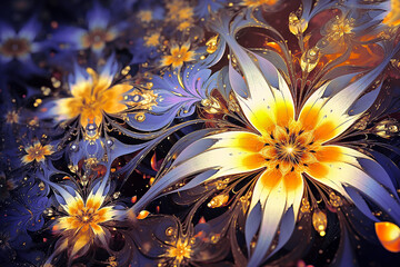 Abstract background from magical fairy-tale flowers. Beautiful fantasy shine sparkle flowers blossom close up. AI technology.