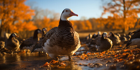 Fototapeta premium Viele Gänse im Herbst mit Wasser im Hintergrund Querformat für Banner, ai generativ