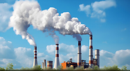 Factory with smoke coming out of exhaust chimney on blue sky background.
Carbon trading & climate change concept.
Atmospheric pollution concept. - obrazy, fototapety, plakaty