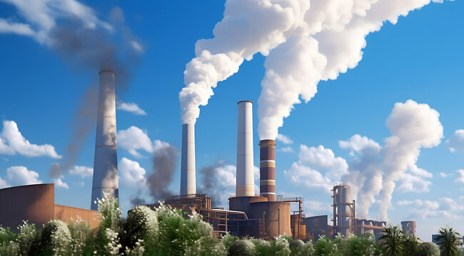 
Industrial plant with smoking chimneys on a background of blue sky.
Carbon trading & climate change concept.
