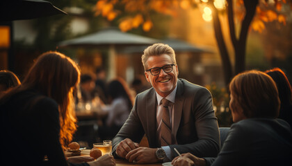executive leads lively meeting with diverse business people, expressive body language, in a modern, plant-filled office at sunset.