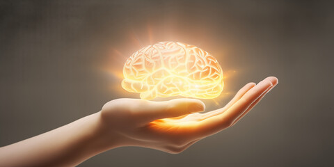 Hand of Person Holding Glowing Illumination Brain Neuro in Warm White, Brilliant Idea Smart Concept - obrazy, fototapety, plakaty