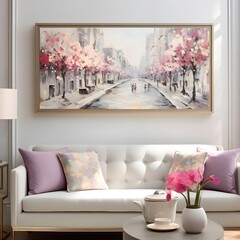 Modern living room interior design with pink sofa, coffee cup, flowers in vase and painting on wall. 3D rendering