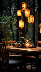 Interior of a cozy restaurant with wooden tables, chairs and decorative lamps