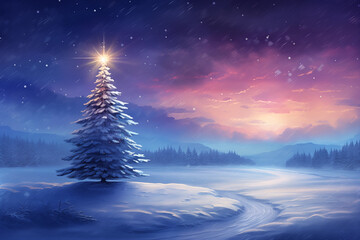 Idyllische Schneelandschaft mit erleuchtetem Weihnachtsbaum