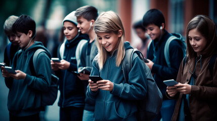 Children standing near school, using smartphones to surf browsing internet, play online games and watch videos, concept of mobile addiction - obrazy, fototapety, plakaty