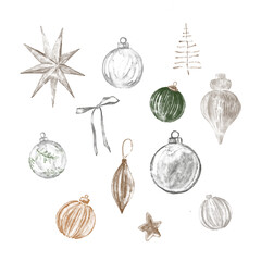 Bright watercolor Merry Christmas set of traditional decor and elements plants. Hygge cozy holidays 2024. Merry christmas card. 