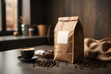 Kraft paper bag with copy space and a cup of coffee on a wooden table. Mockup for your design. photo created using Leonardo AI platform.