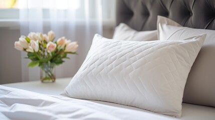 Fototapeta na wymiar Close-up of pillows on bed in hotel room Home decor and interior design, bed with white bedding in luxury bedroom, bed linen laundry service and furniture details