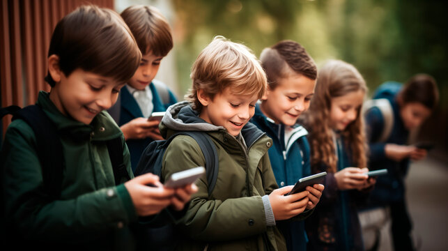 Smiling children enjoying online activities like fun videos and gaming on mobile phones smartphones near the school building outdoors