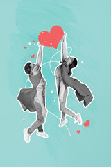 Image sketch collage of funny fantasy characters fly air hands hold heart shape isolated on blue...