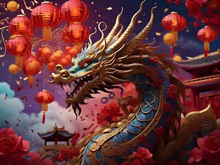  Chinese New Year dragon, adorned with shimmering golden scales and fiery red eyes - obrazy, fototapety, plakaty