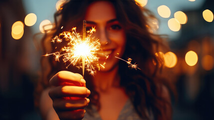 A joyful woman holding a lit sparkler, her smile illuminated by its glow, with a backdrop of bokeh city lights in the evening. - obrazy, fototapety, plakaty