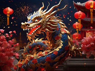  Chinese New Year dragon, adorned with shimmering golden scales and fiery red eyes