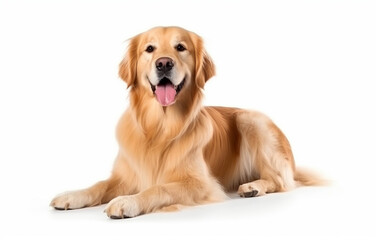 Adorable Golden Retriever dog with leash on white background