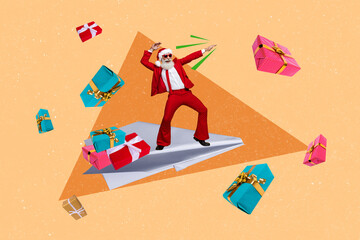 Creative collage image of excited funky mini grandfather santa flying big paper plane new year giftbox isolated on beige background