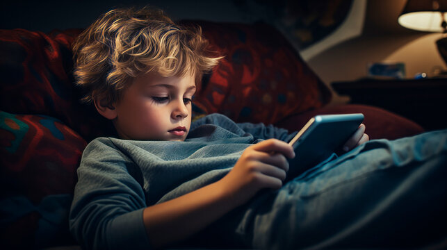 Concentrated boy in room lit by lamp in evening, relaxing on bed or chair and using tablet to play games or watch videos in free time