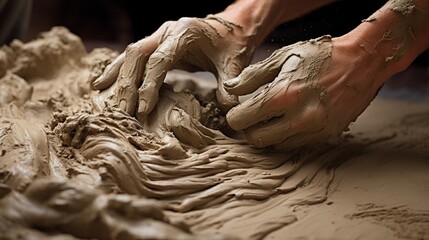 Close-up of a sculptora??s hands working on a clay sculpture, capturing the shaping and wet texture. - obrazy, fototapety, plakaty