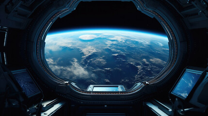 view from the eluminator window to planet earth from a spaceship.Generative AI