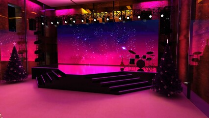 Empty stage design for mockup and corporate identity, display. Platform elements in hall. Blank screen system for graphic Resources. Scene event led night light staging. Concert stage.
