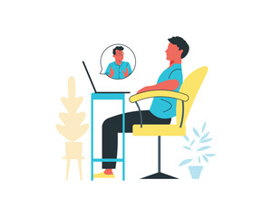 Young man sitting on chair and working on laptop. Flat vector illustration.