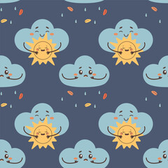 Naklejka premium Seamless pattern sad cloud crying, rain, and overcast
