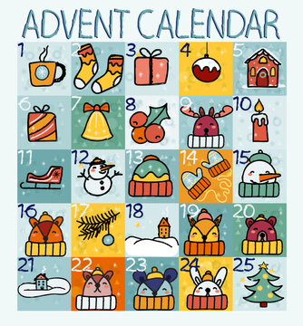 advent calendar doodle with animals vector background