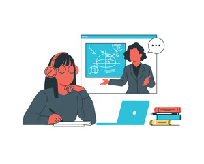 Online education concept. Woman teacher and student on laptop screen. Vector illustration