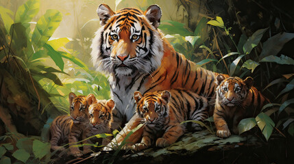 A protective tigress nurturing her cubs, a tender moment in the wild Ai Generative - obrazy, fototapety, plakaty
