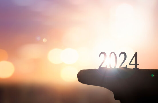 Happy New year 2024 with large silhouette letters on the mountain with sunset light

