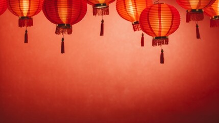 Obraz premium Chinese New Year lanterns on a red background. Festive atmosphere of the Chinese New Year