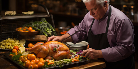 Älterer Mann bereitet leckeres Essen zu Thanksgiving mit schöner Dekoration im Querformat für Banner, ai generativ